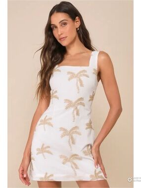 Lulu's White Mini Dress with Gold Palm Embroidery